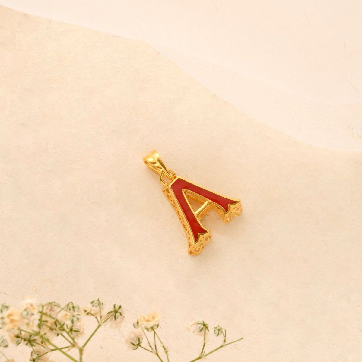 Red Enamel Letter A Golden Pendant