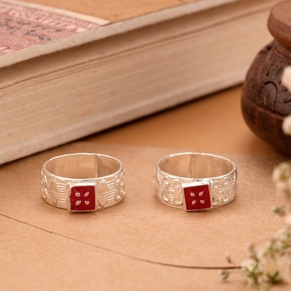 Square Red Enamel Silver Toe Ring