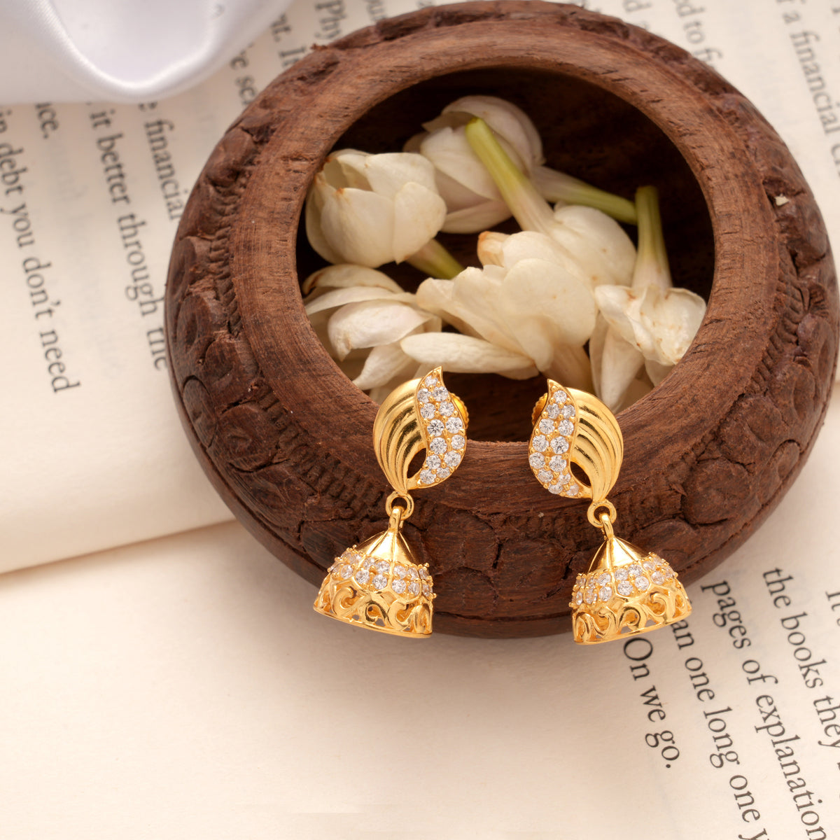 Layer Leaf Design Stone Golden Jhumkas