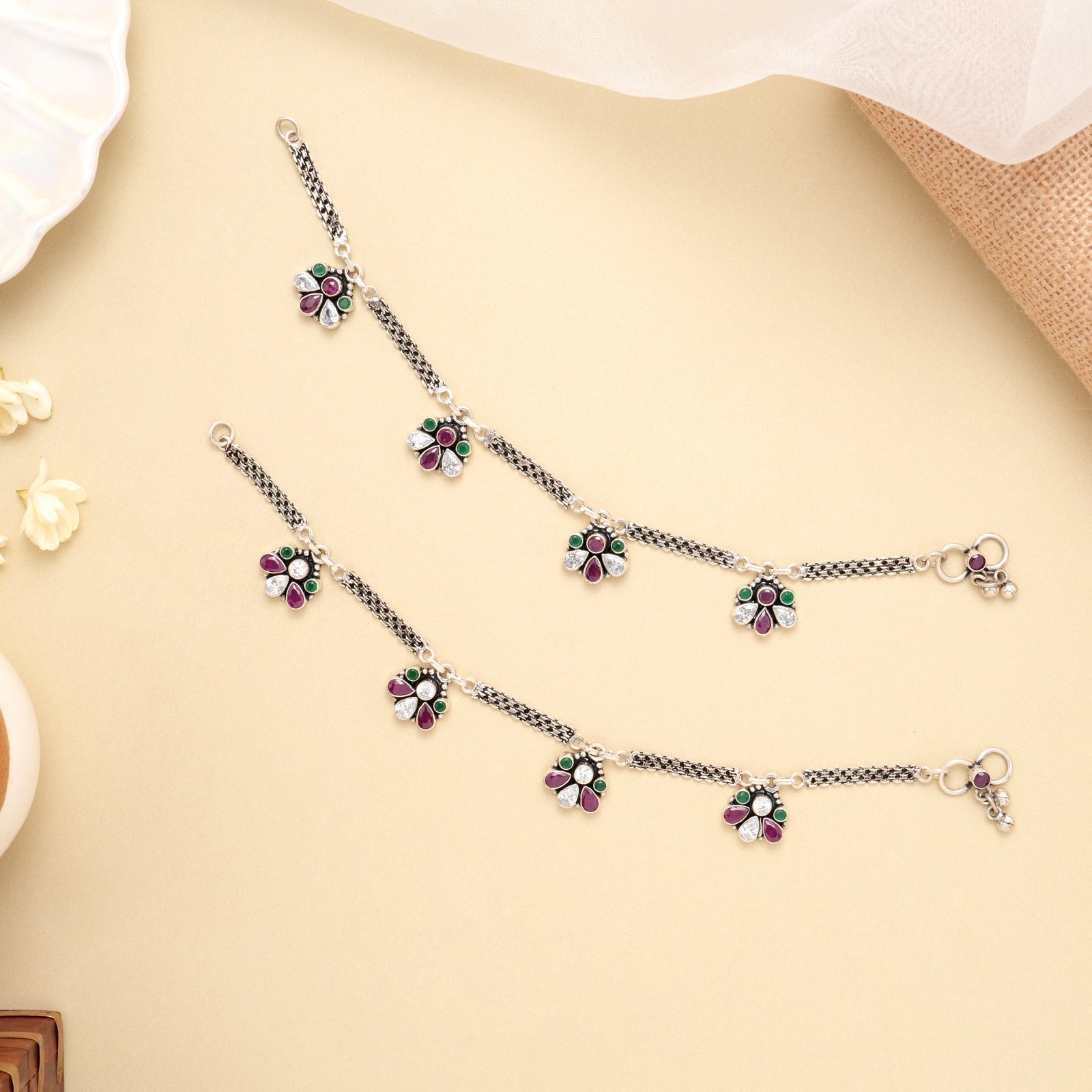 Ruby Emerald Floral Drop Anklet