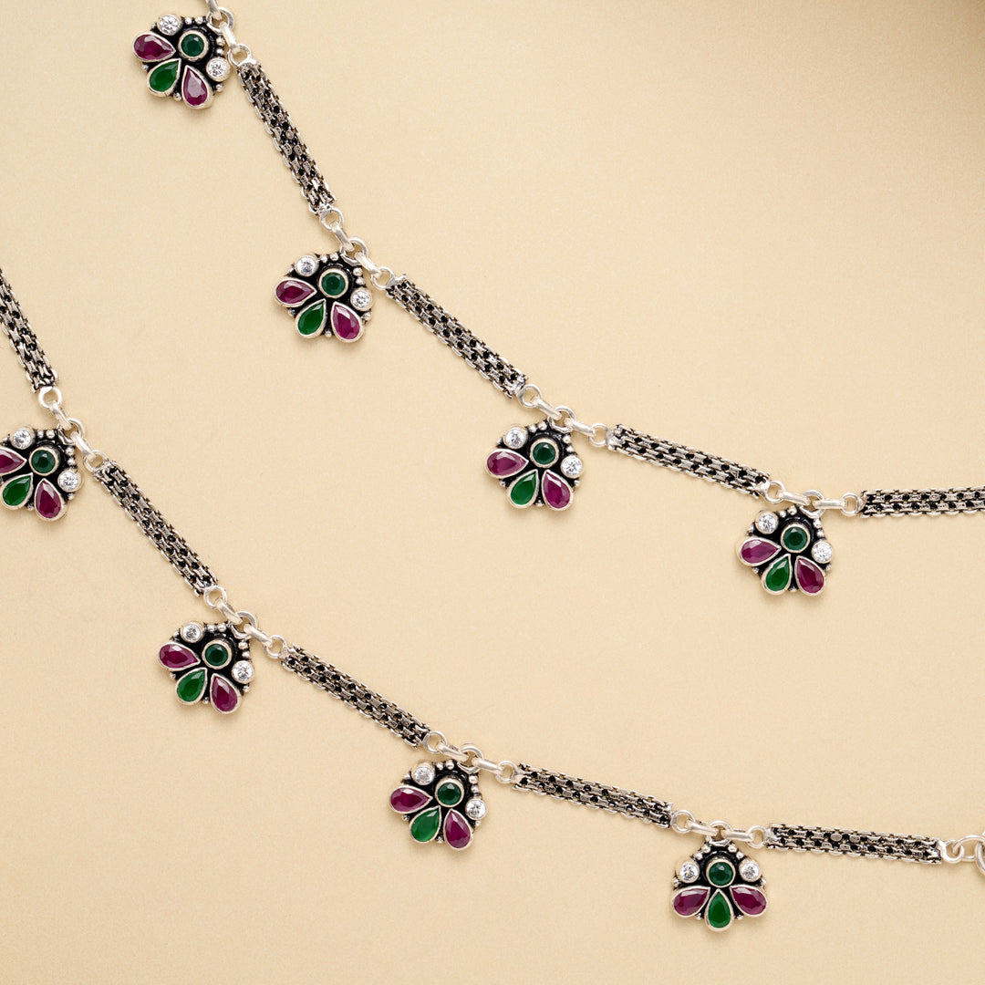 Ruby Emerald Petal Drop Antique Silver Anklet