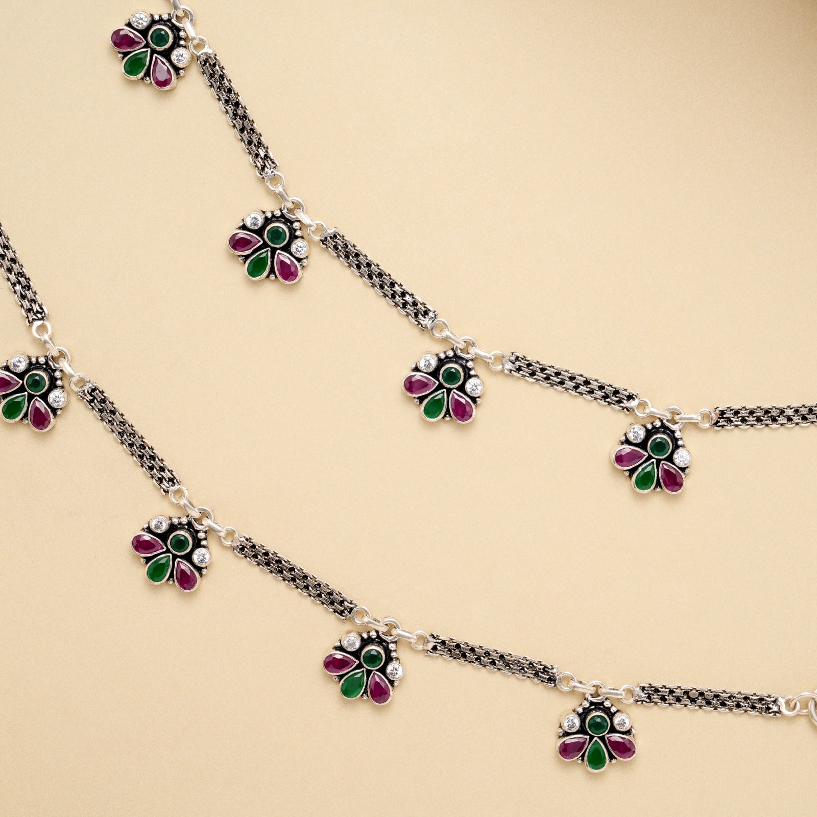 Ruby Emerald Petal Drop Antique Silver Anklet