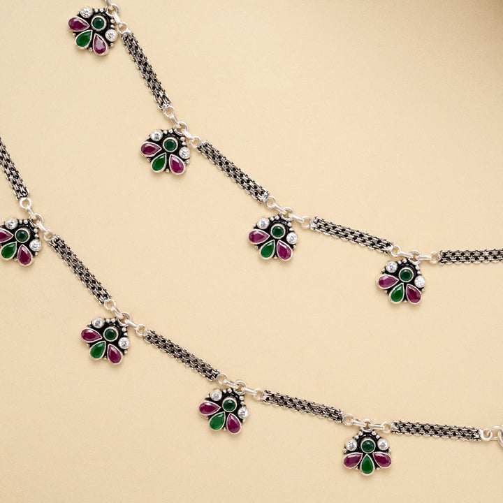 Ruby Emerald Petal Drop Antique Silver Anklet