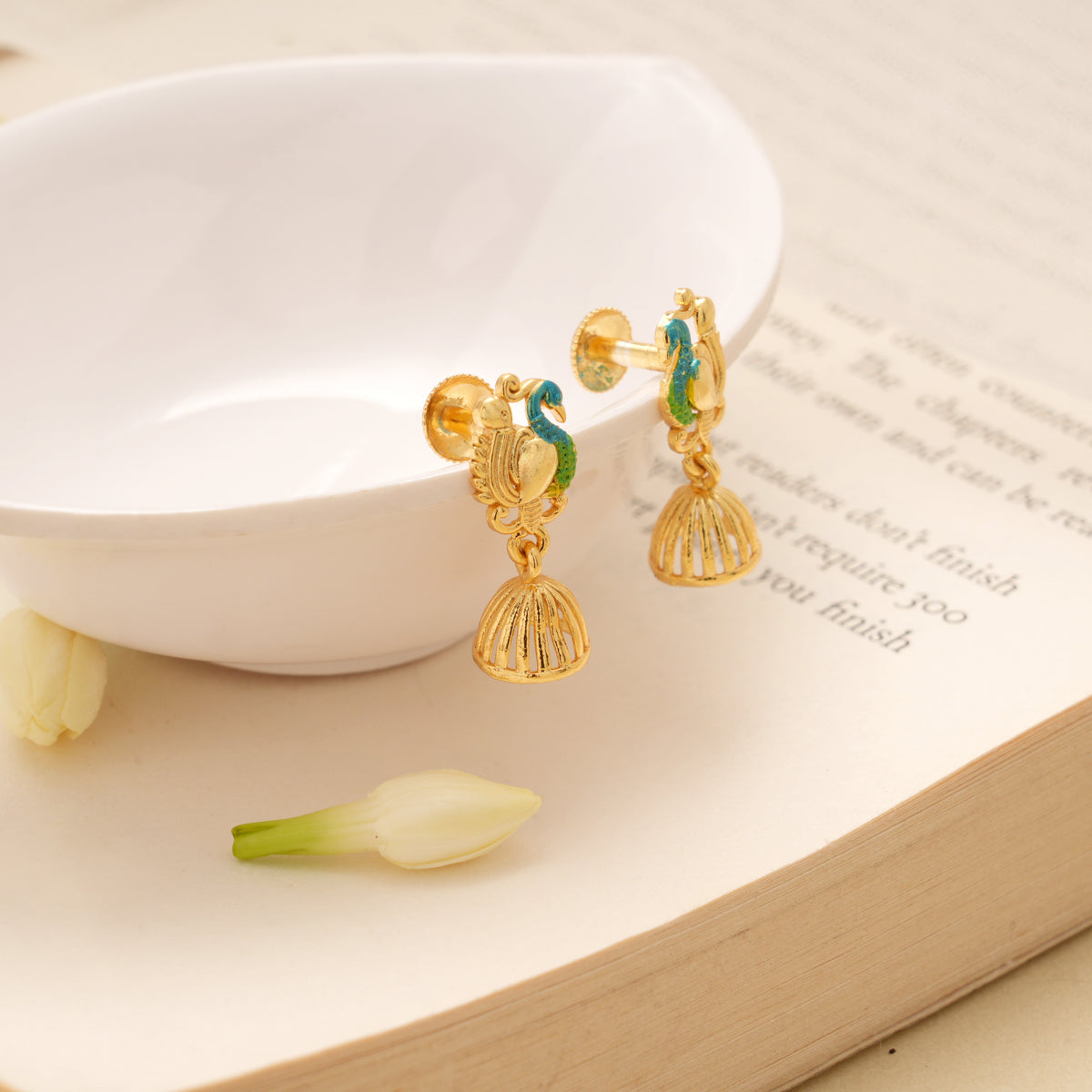 Minimal Peacock Design Golden Jhumkas