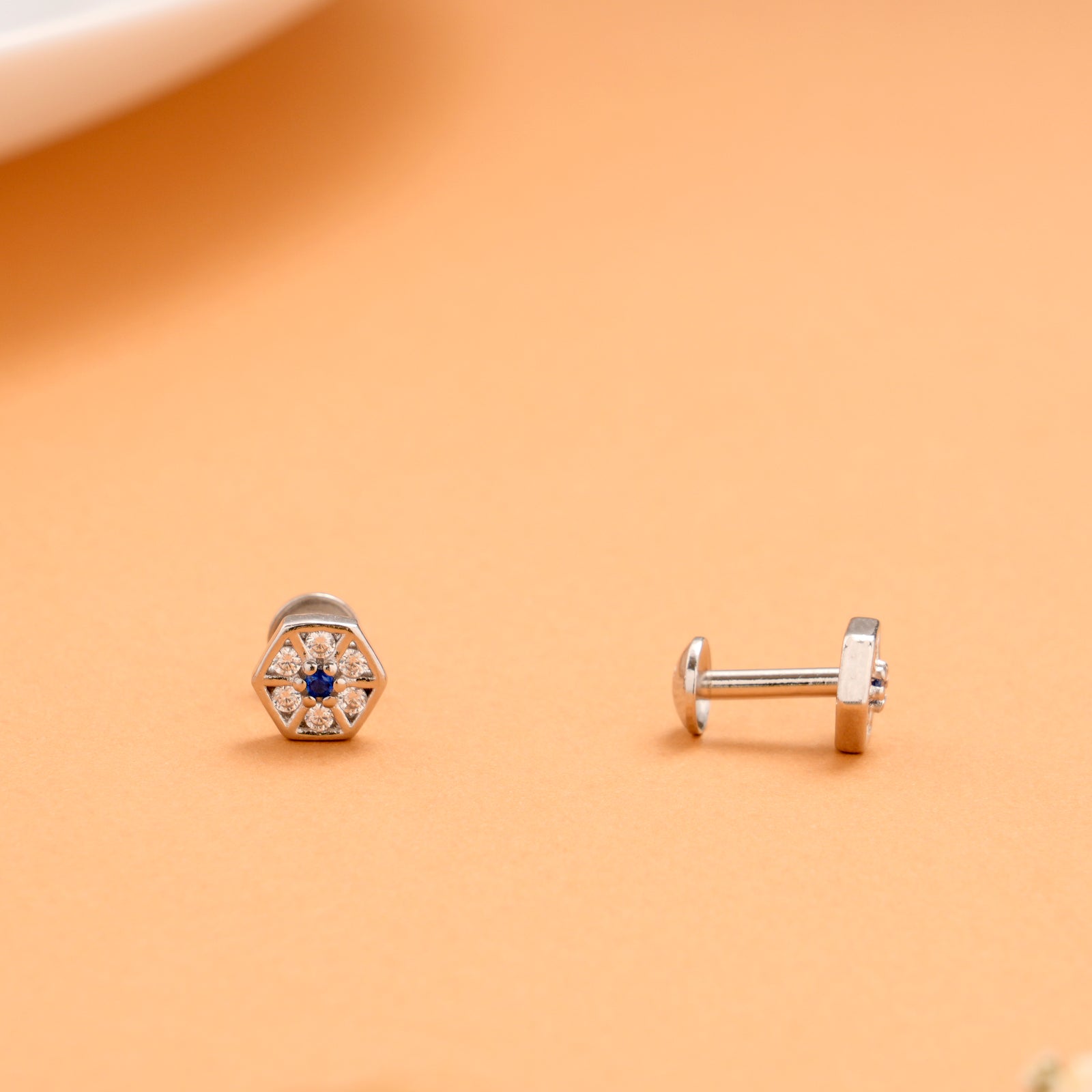 Hexagonal Design White with Blue Silver Stud