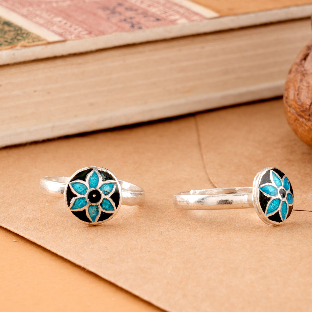 Turquoise Floral Enamel Silver Toe Ring