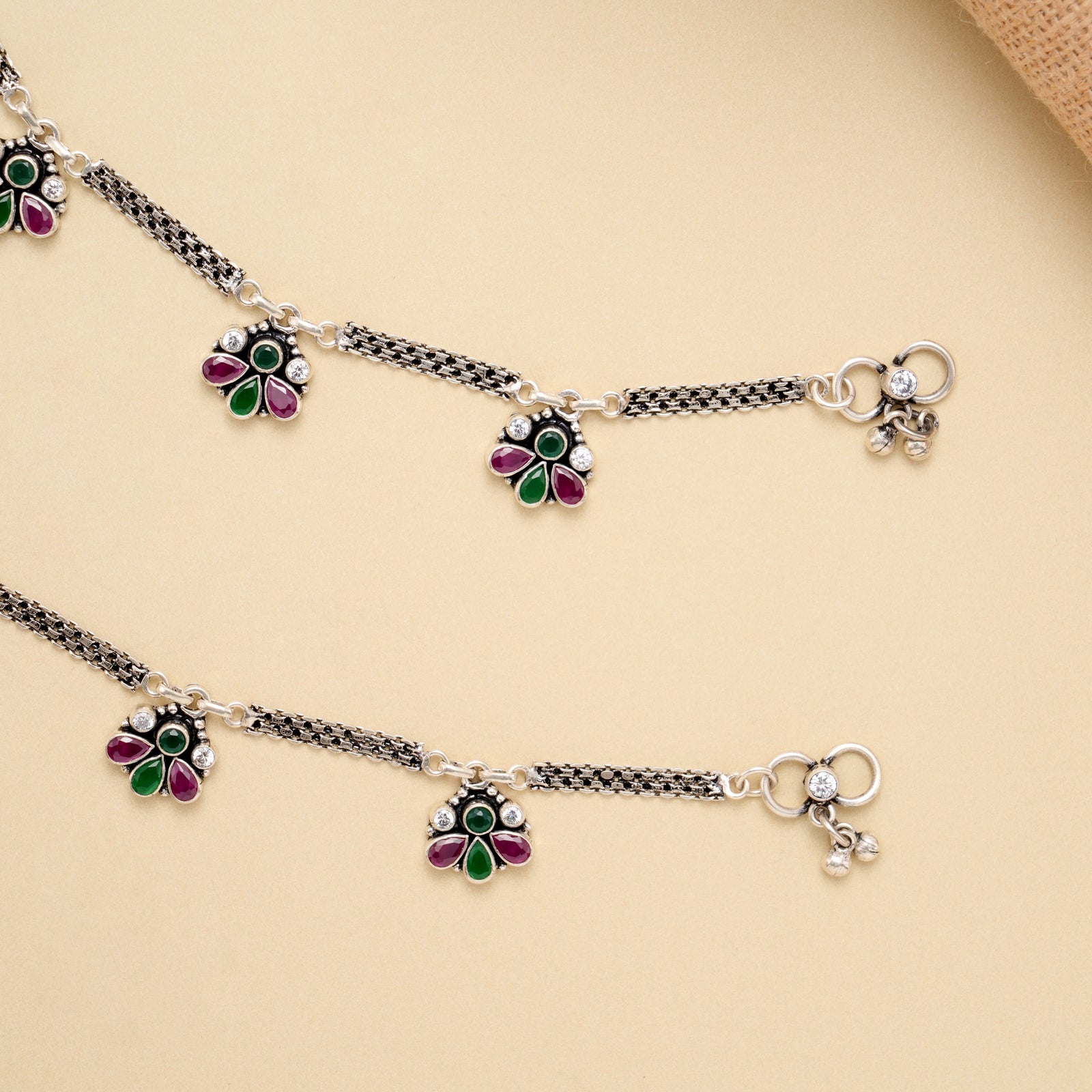 Ruby Emerald Petal Drop Antique Silver Anklet