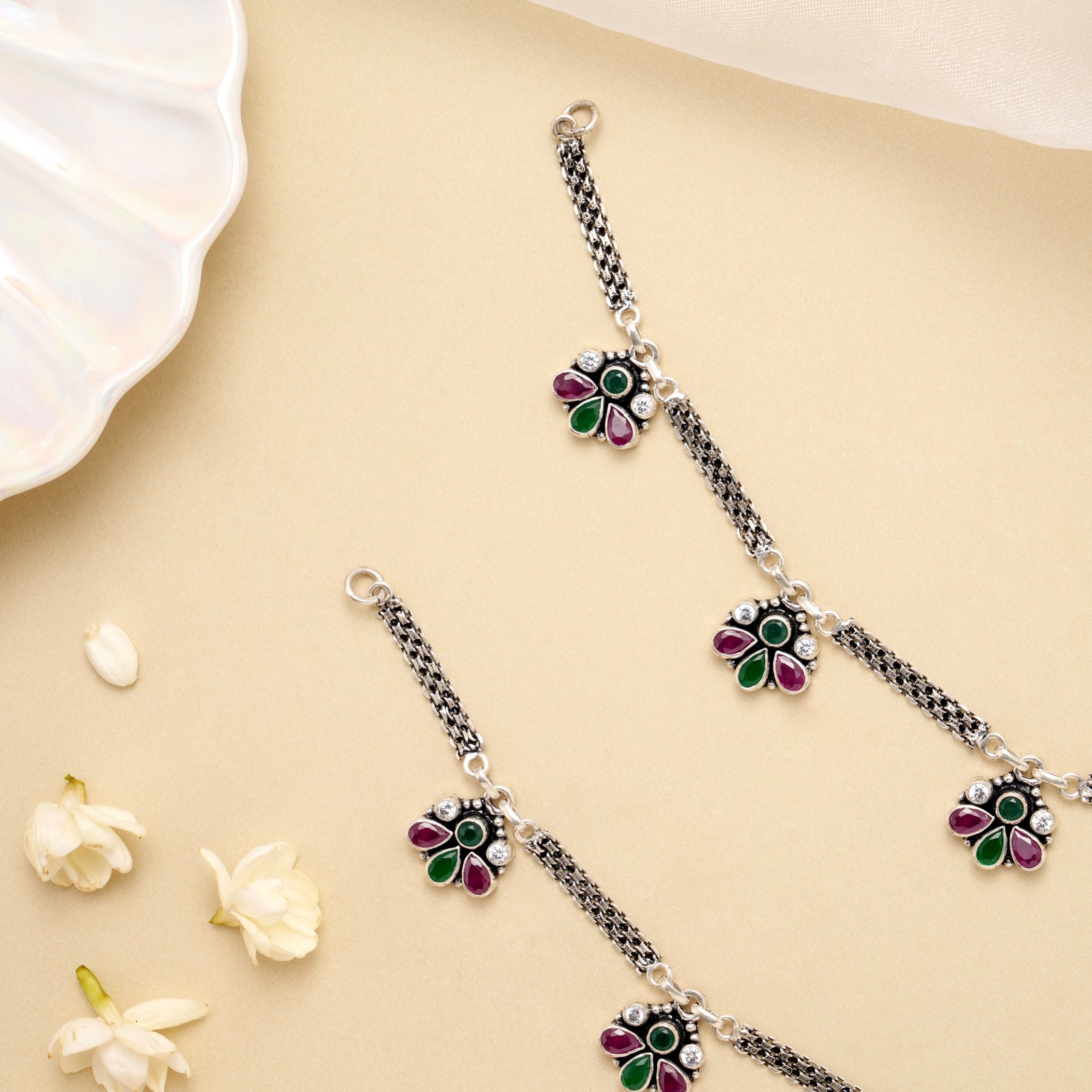 Ruby Emerald Petal Drop Antique Silver Anklet
