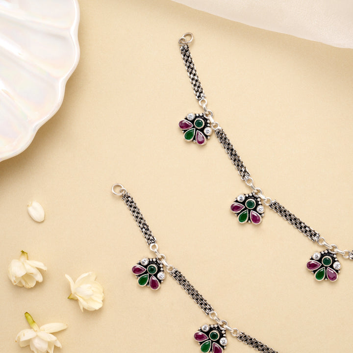 Ruby Emerald Petal Drop Antique Silver Anklet