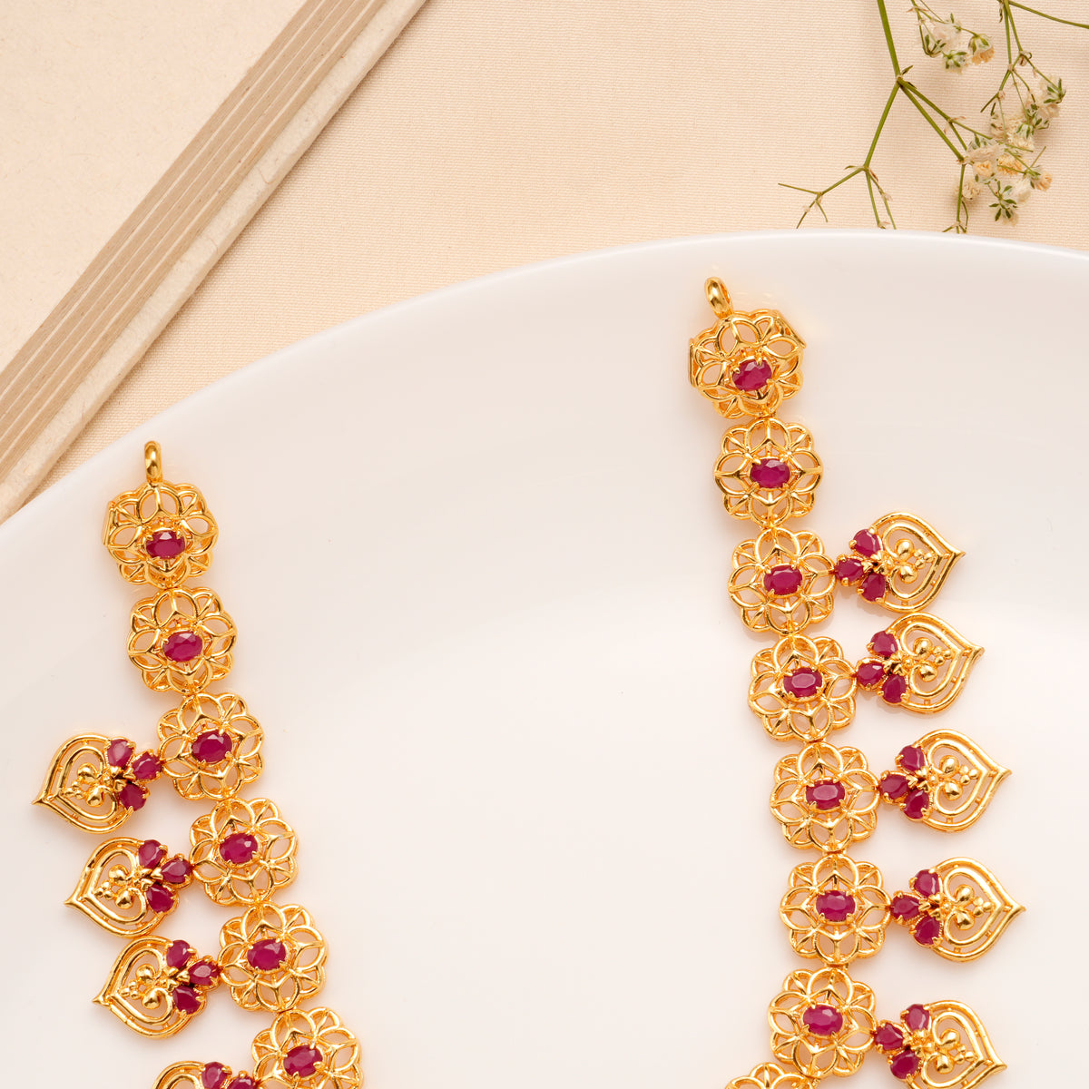 Ruby Heart Floral Golden Necklace Set