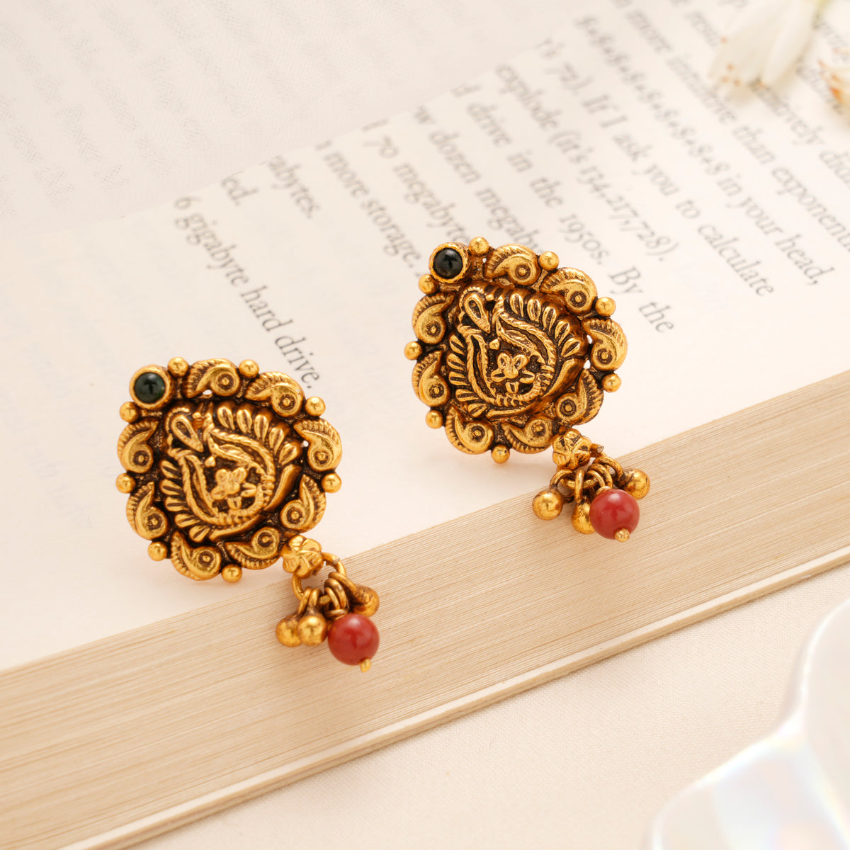 Antique Floral Red Bead Drop Gold Plated Stud