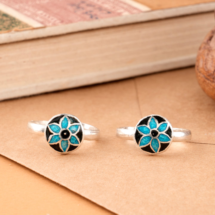 Turquoise Floral Enamel Silver Toe Ring