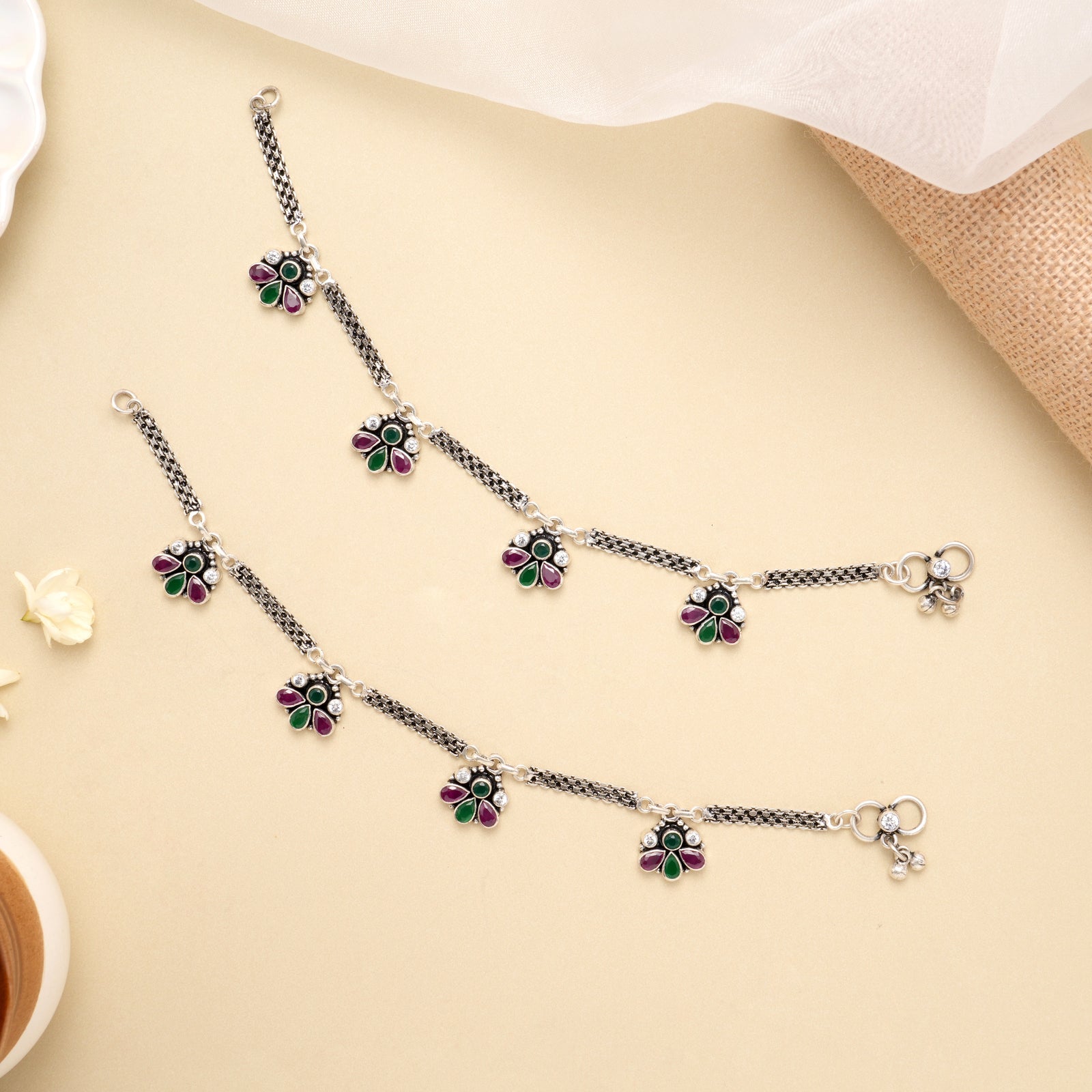 Ruby Emerald Petal Drop Antique Silver Anklet