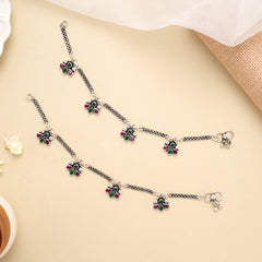 Ruby Emerald Petal Drop Antique Silver Anklet