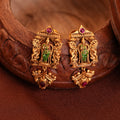 Gold Temple Earrings with Green Enamel and Ruby-Colour Stones