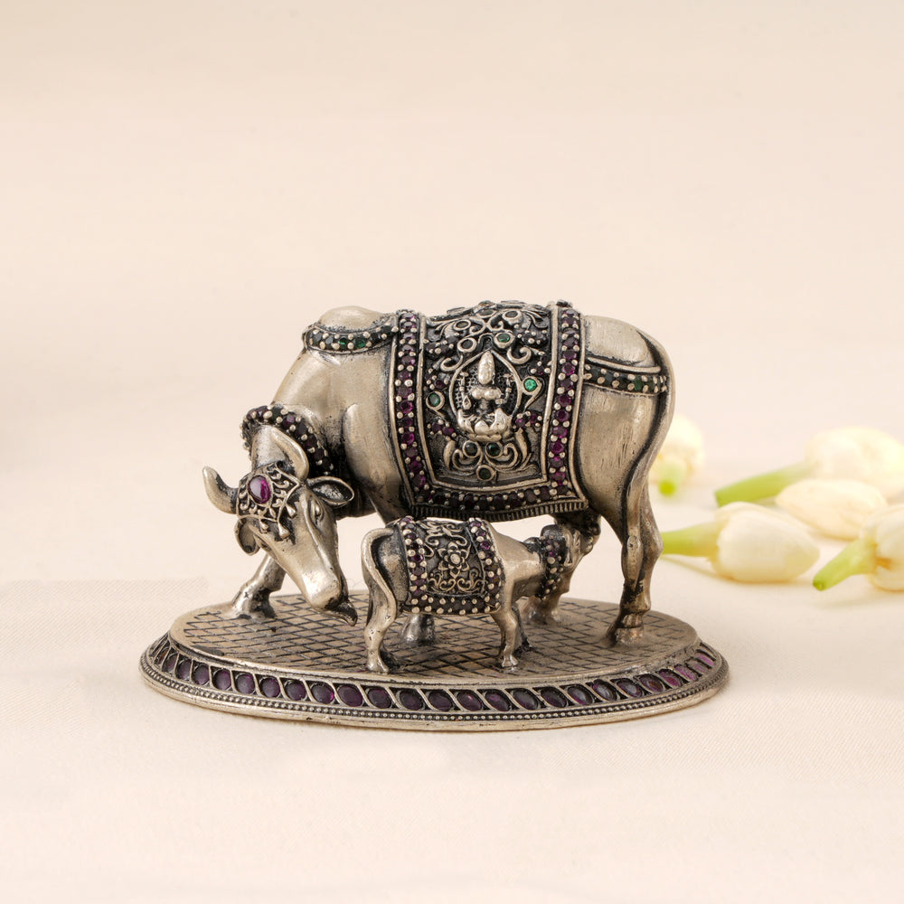 Antique Cow and Calf Silver Statue