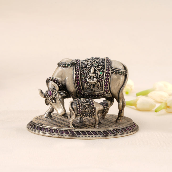 Antique Cow and Calf Silver Statue