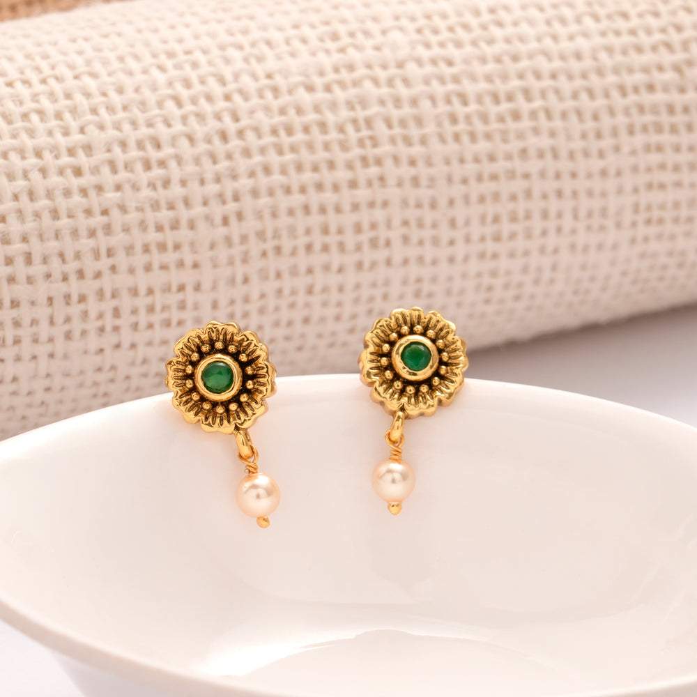 Traditional Flower Emerald Pearl Drop Earrings