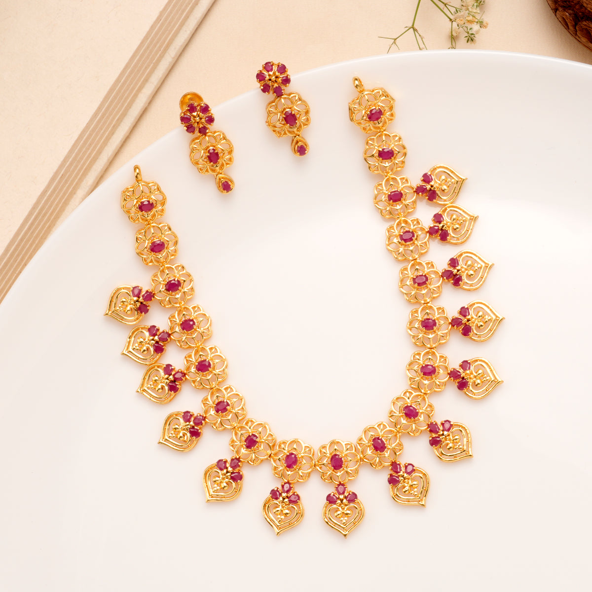 Ruby Heart Floral Golden Necklace Set