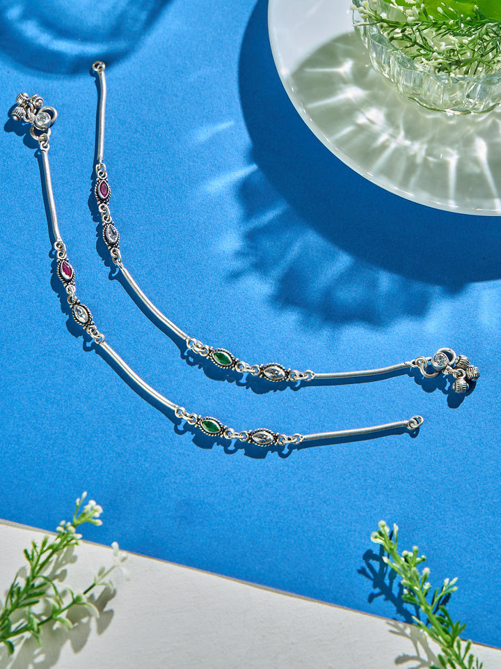 Emerald Teardrop Flow Silver Antique Anklet