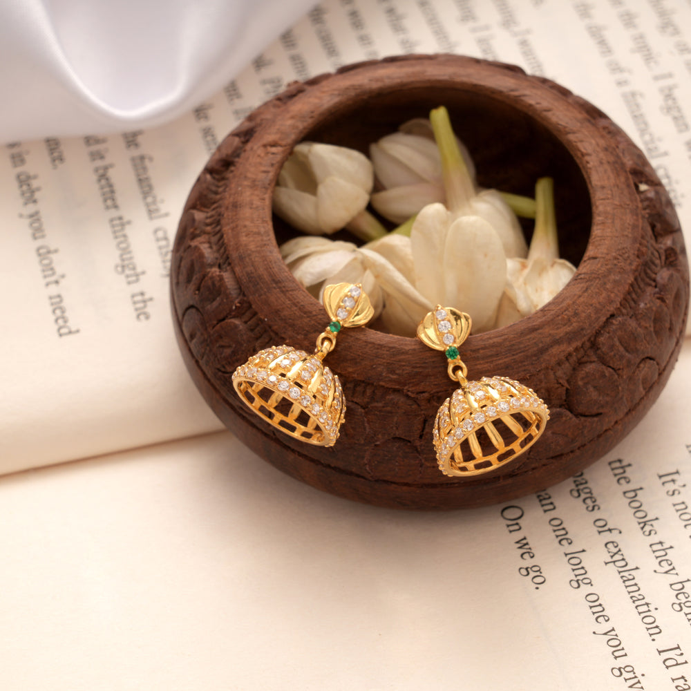 Heritage Lotus Green Stone Golden Jhumkas