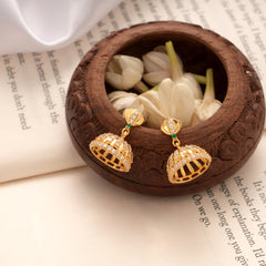 Heritage Lotus Green Stone Golden Jhumkas