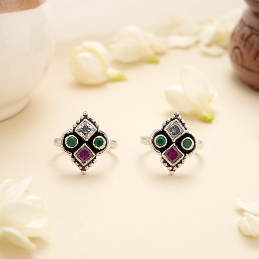 Temple Style Ruby Emerald Silver Toe Ring