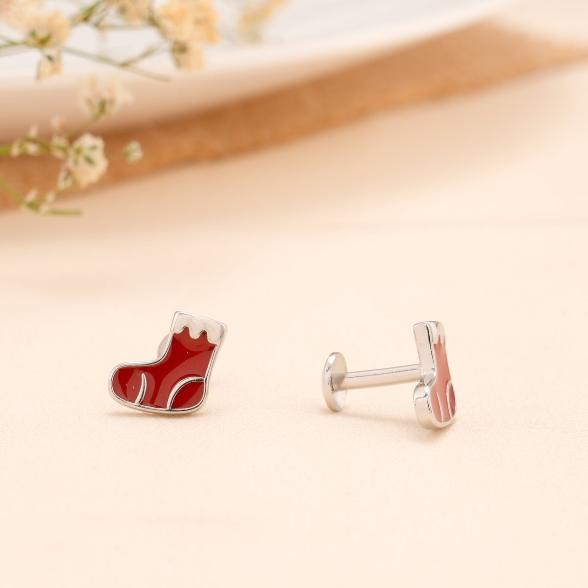 Red Baby Sock Enamel Silver Stud