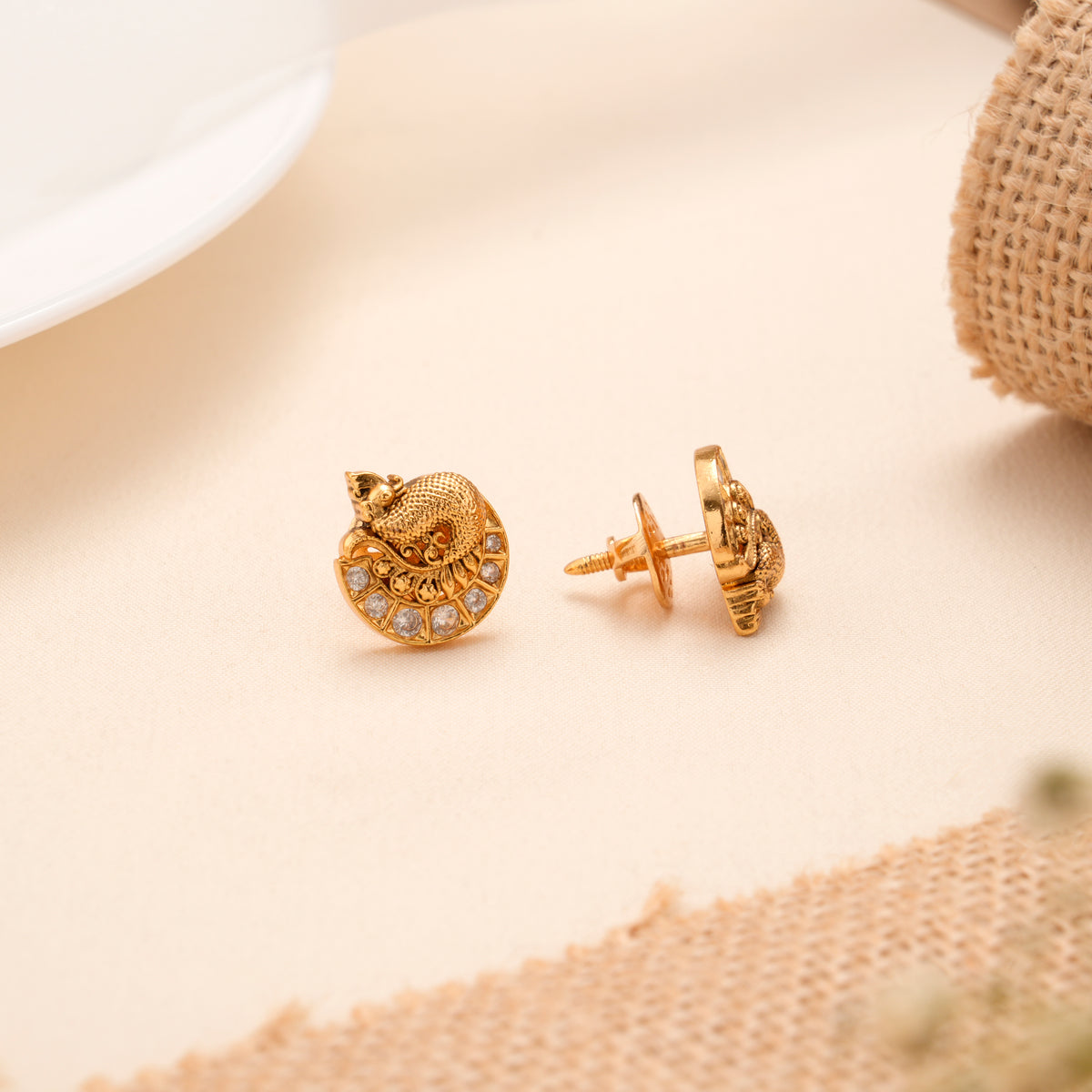 Antique Golden Peacock Stud with White Stones