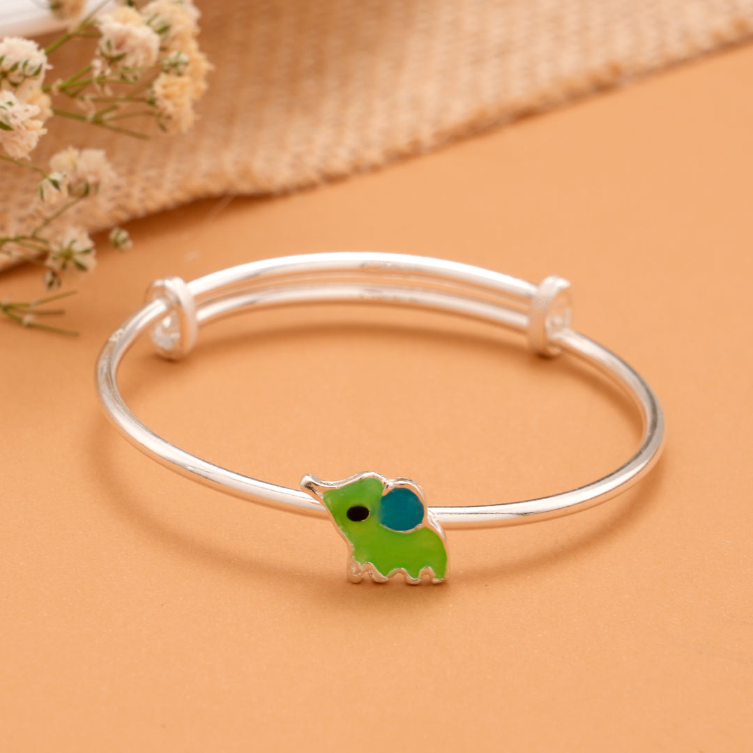 Green Elephant Enamel Baby Silver Bangle