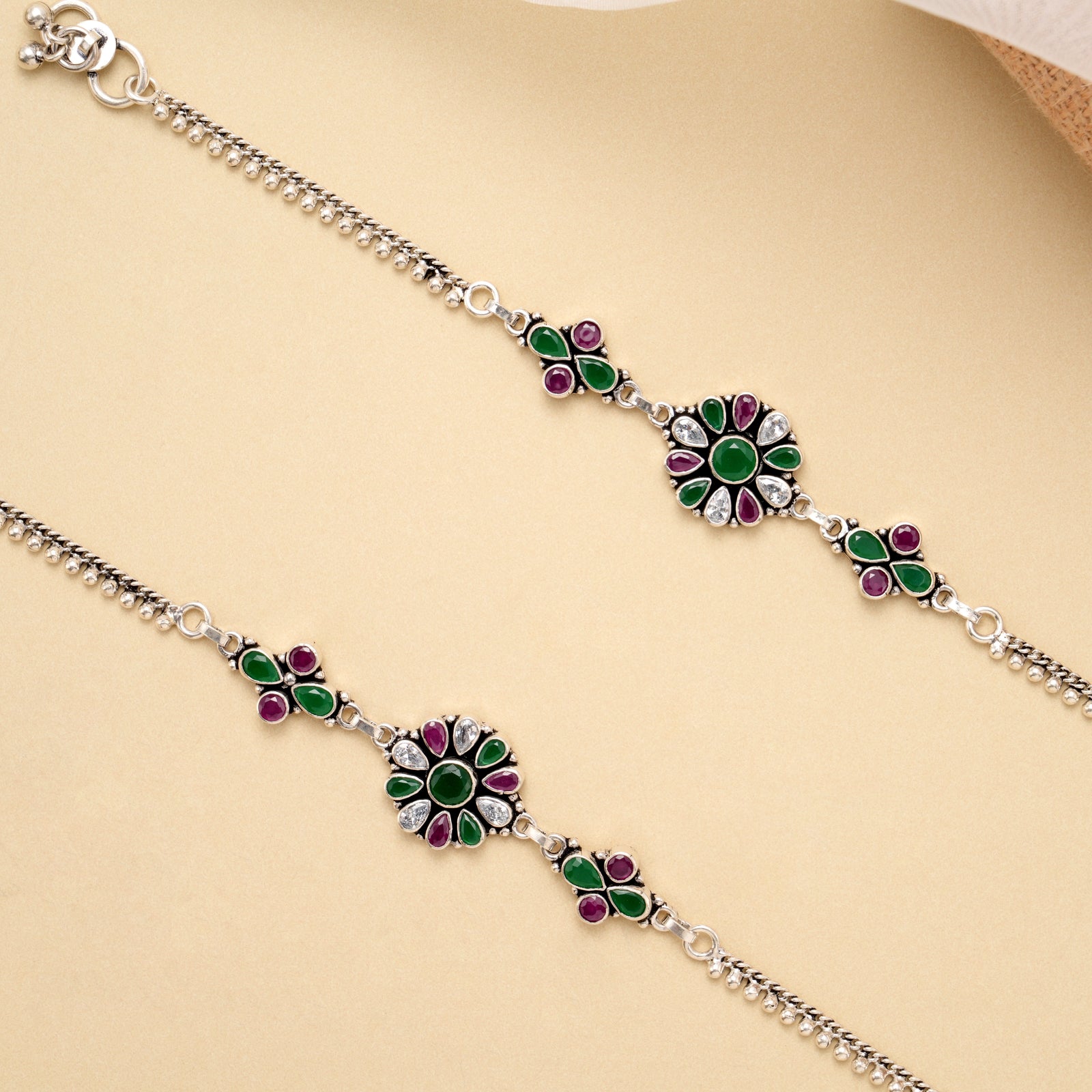 Ruby Emerald Bloom Drop Silver Anklet