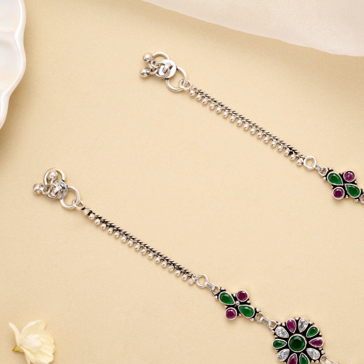Ruby Emerald Bloom Drop Silver Anklet