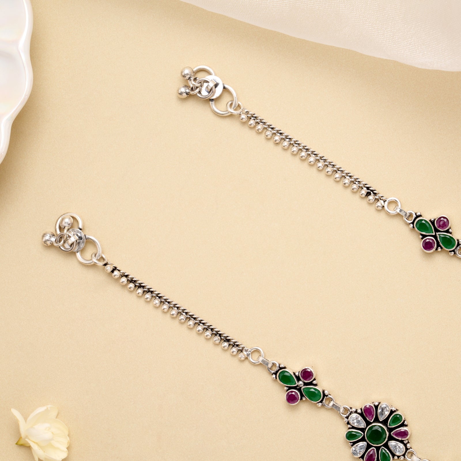 Ruby Emerald Bloom Drop Silver Anklet