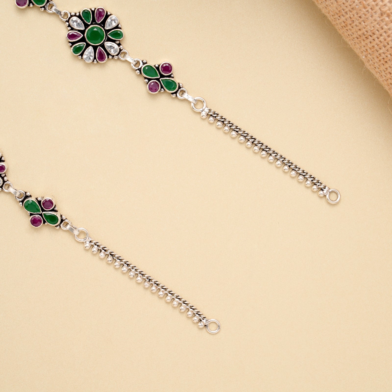 Ruby Emerald Bloom Drop Silver Anklet