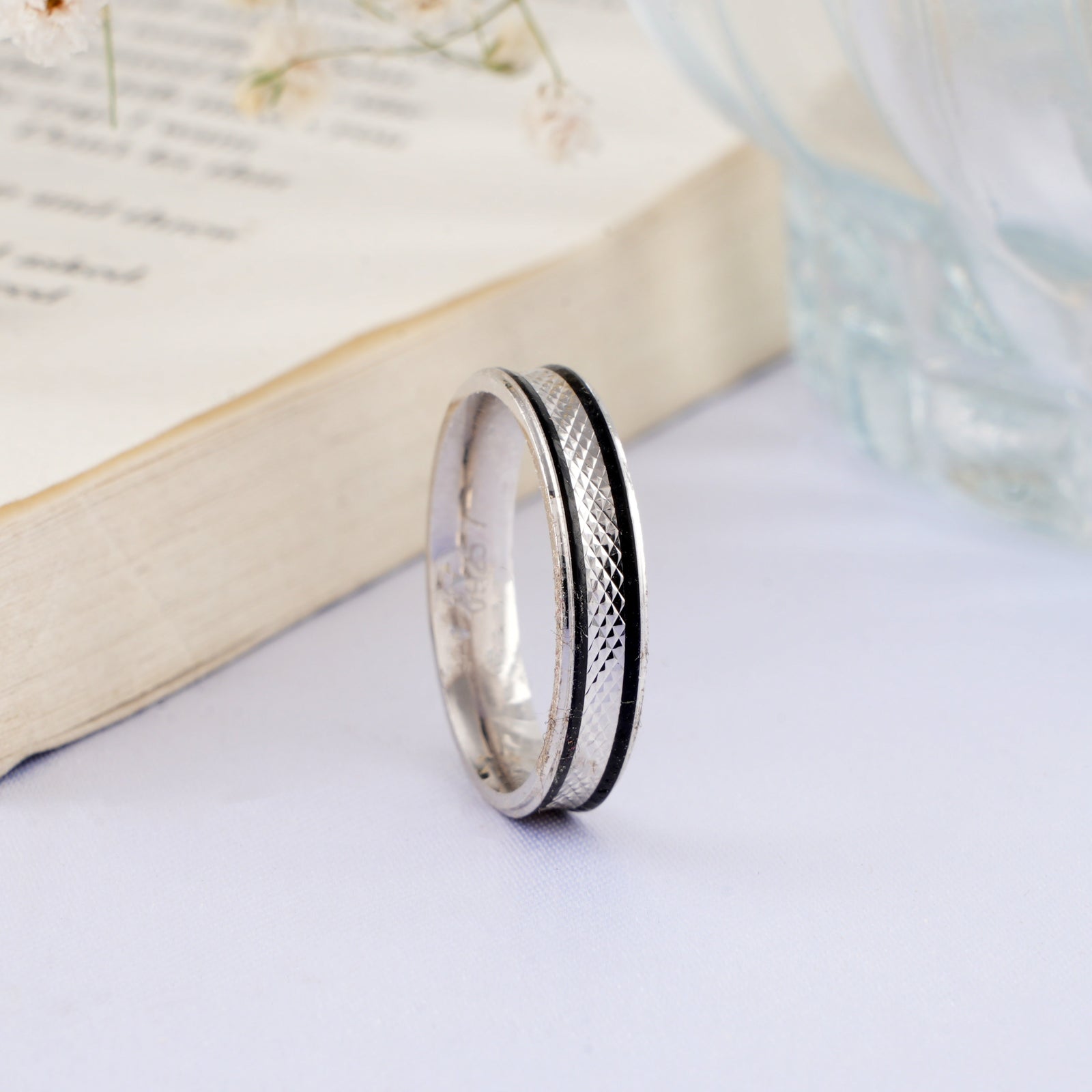 Black Enamel Broad Band Silver Ring