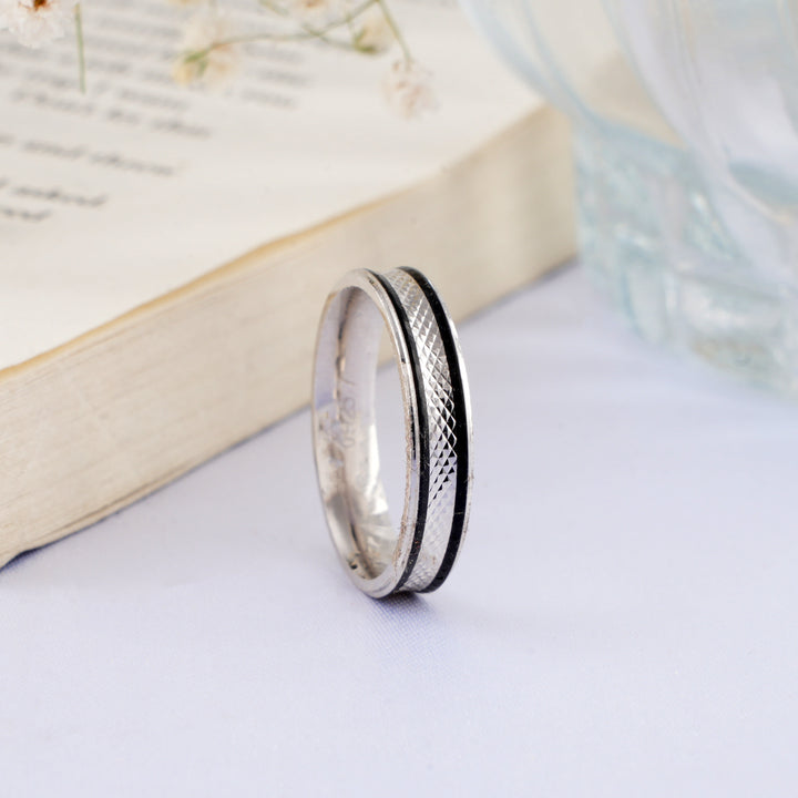 Black Enamel Broad Band Silver Ring