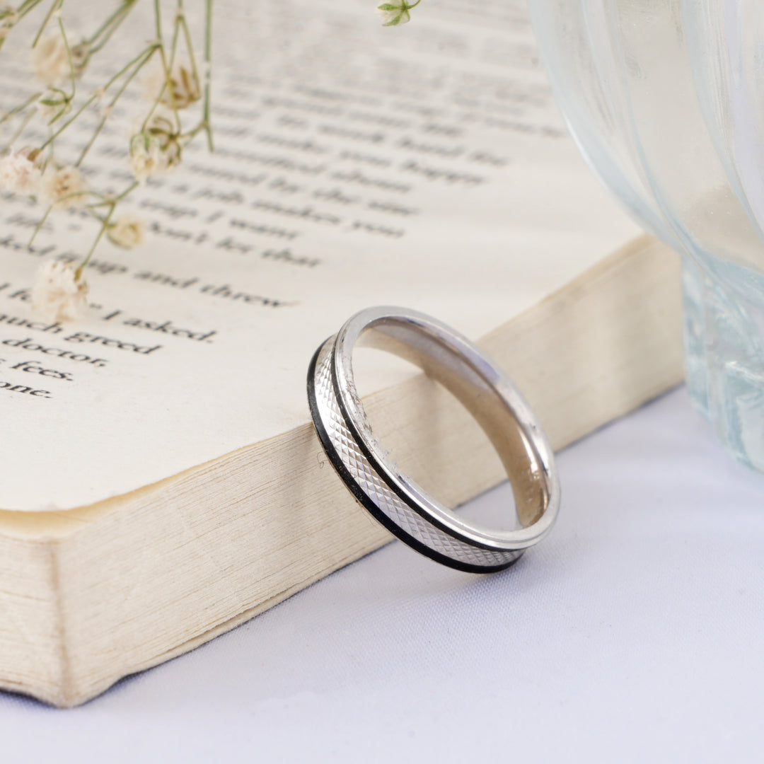 Black Enamel Broad Band Silver Ring