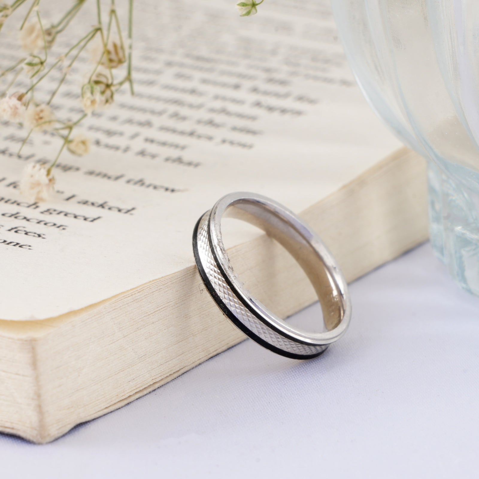 Black Enamel Broad Band Silver Ring