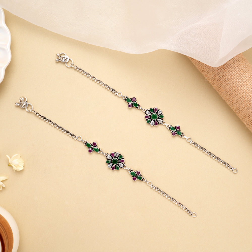 Ruby Emerald Bloom Drop Silver Anklet