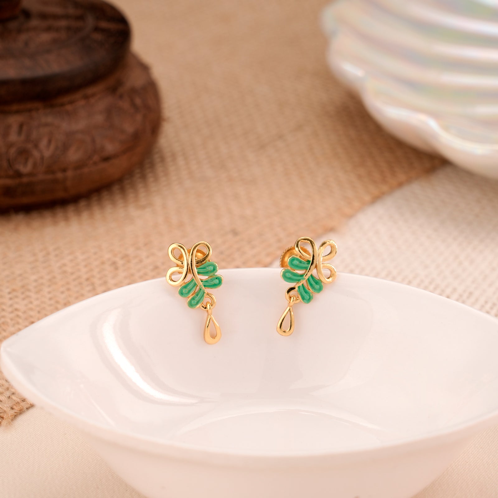 Green Leaf Enamel Casting Golden Drop Stud