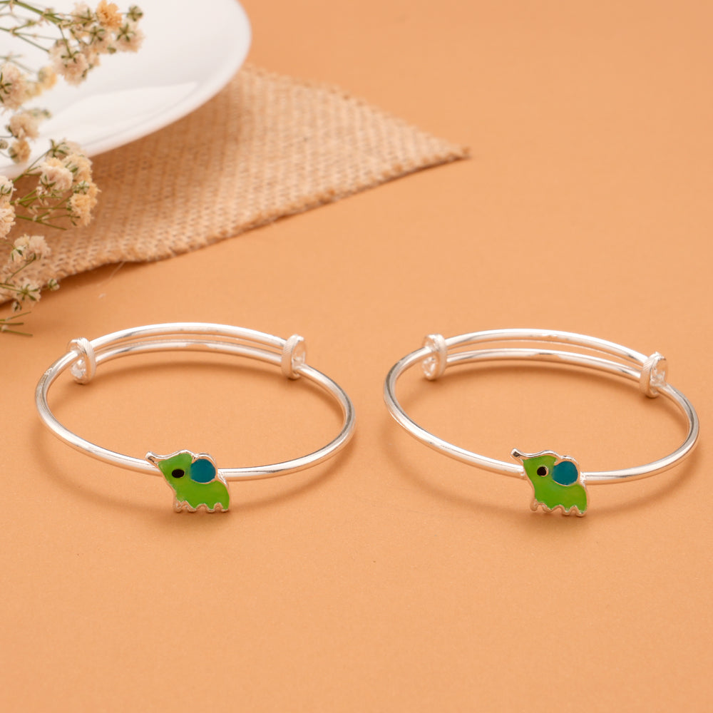Green Elephant Enamel Baby Silver Bangle