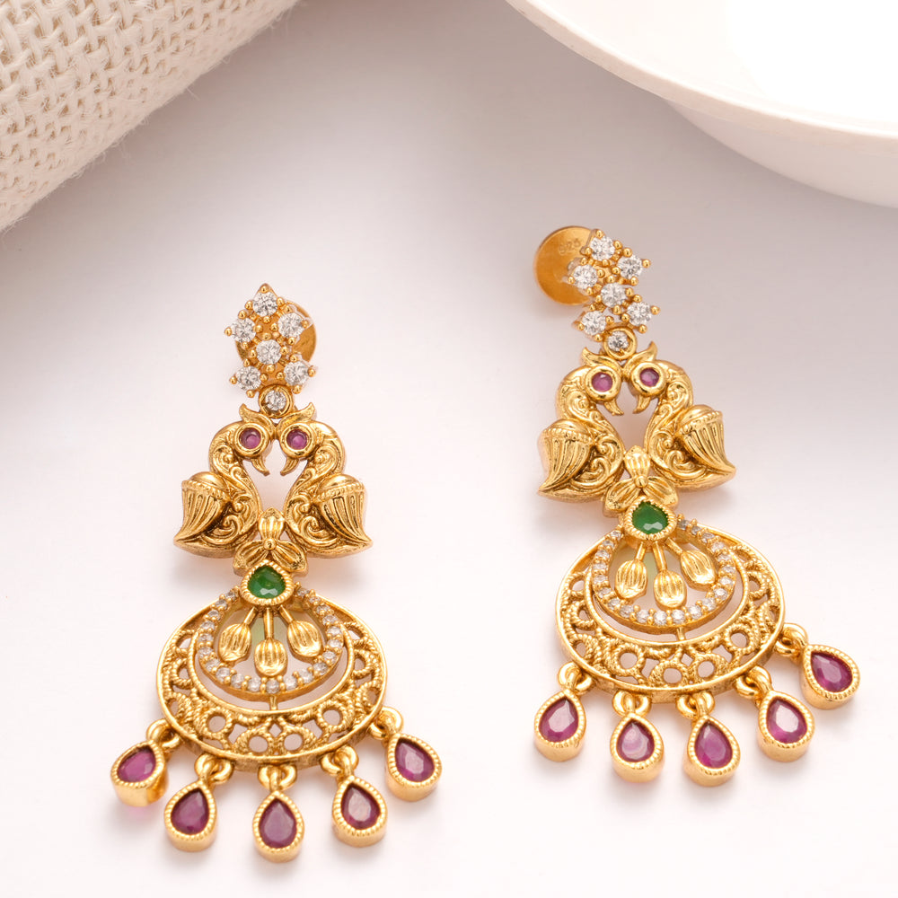 Twin Peacock Chand Bali Golden Earrings