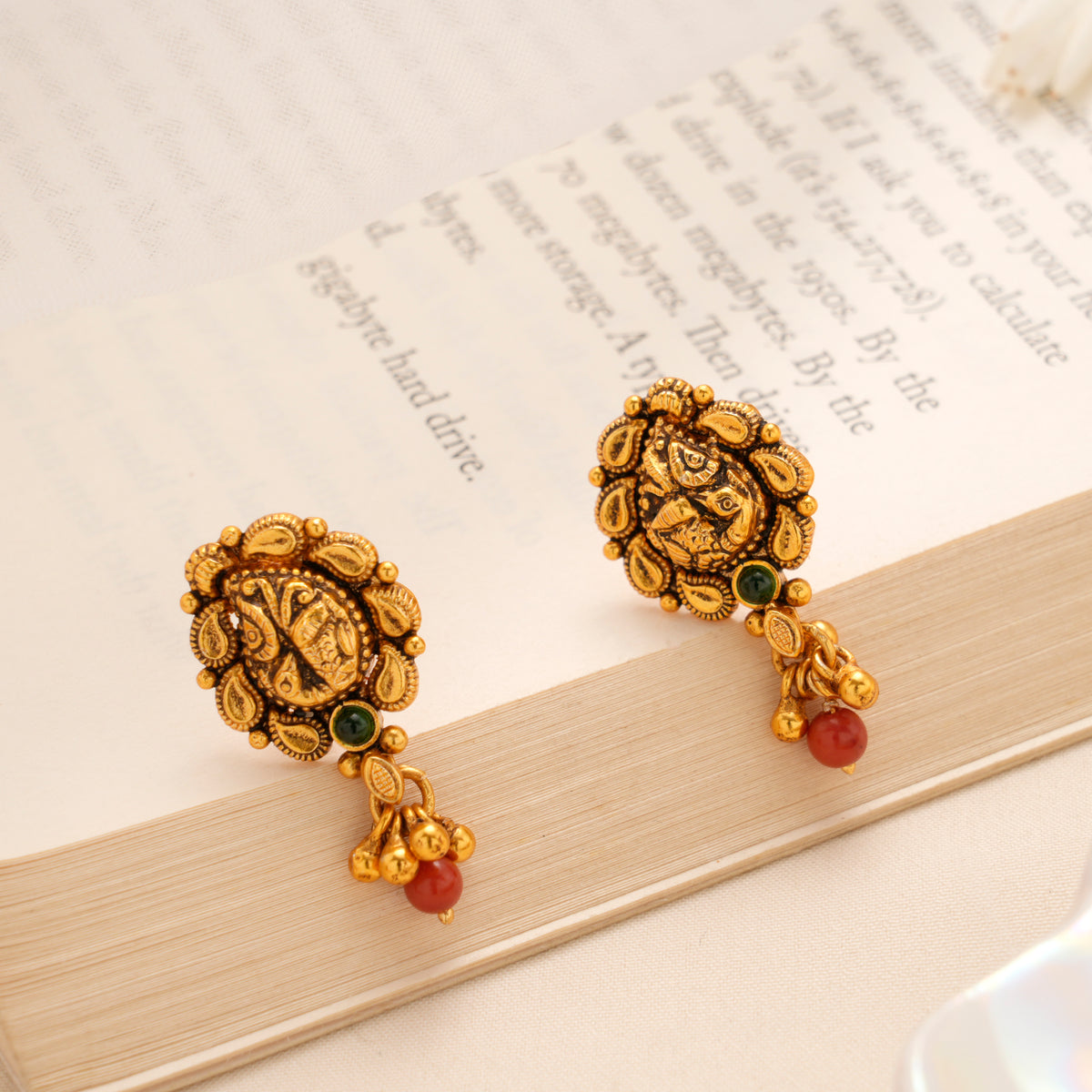 Traditional Peacock Red Drop Silver Gold Plated Stud