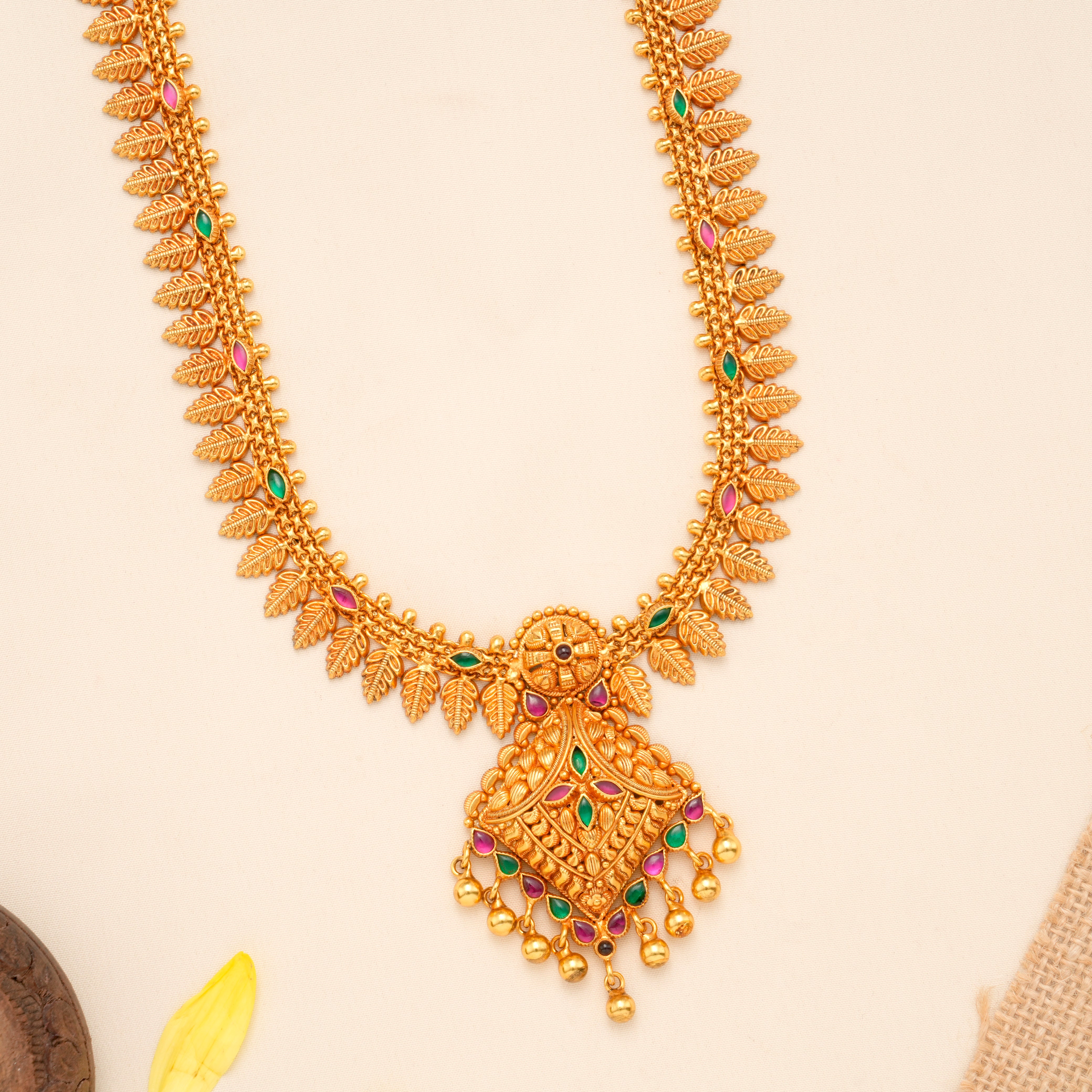 Elegant Golden Leaf Floral Pendant Haram | Sri Anu Jeweller – Sri