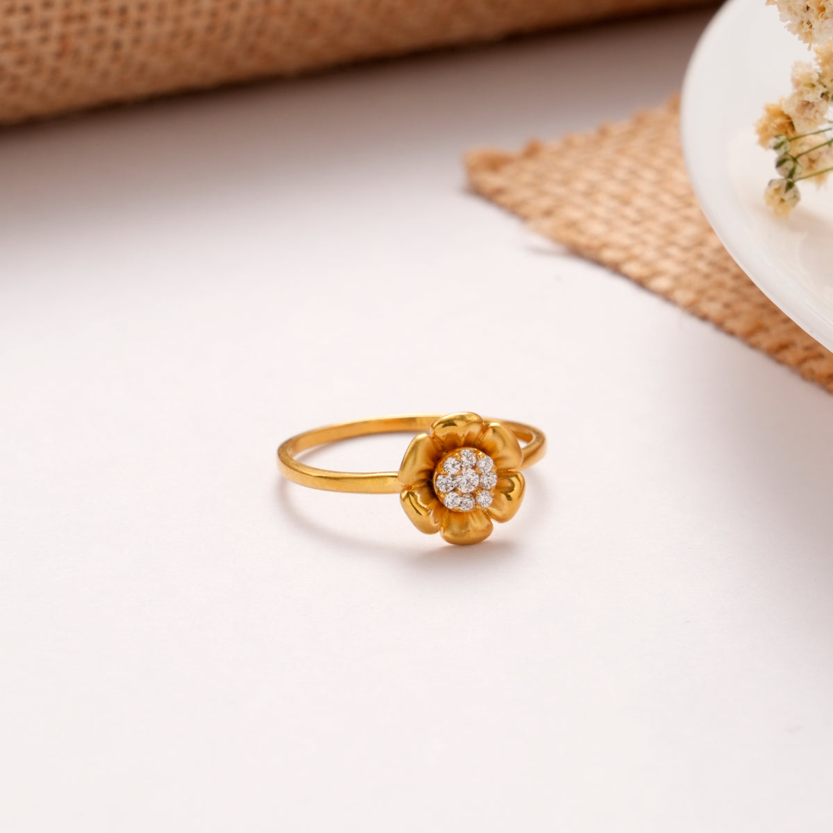 Blooming Flower White Stone Golden Ring