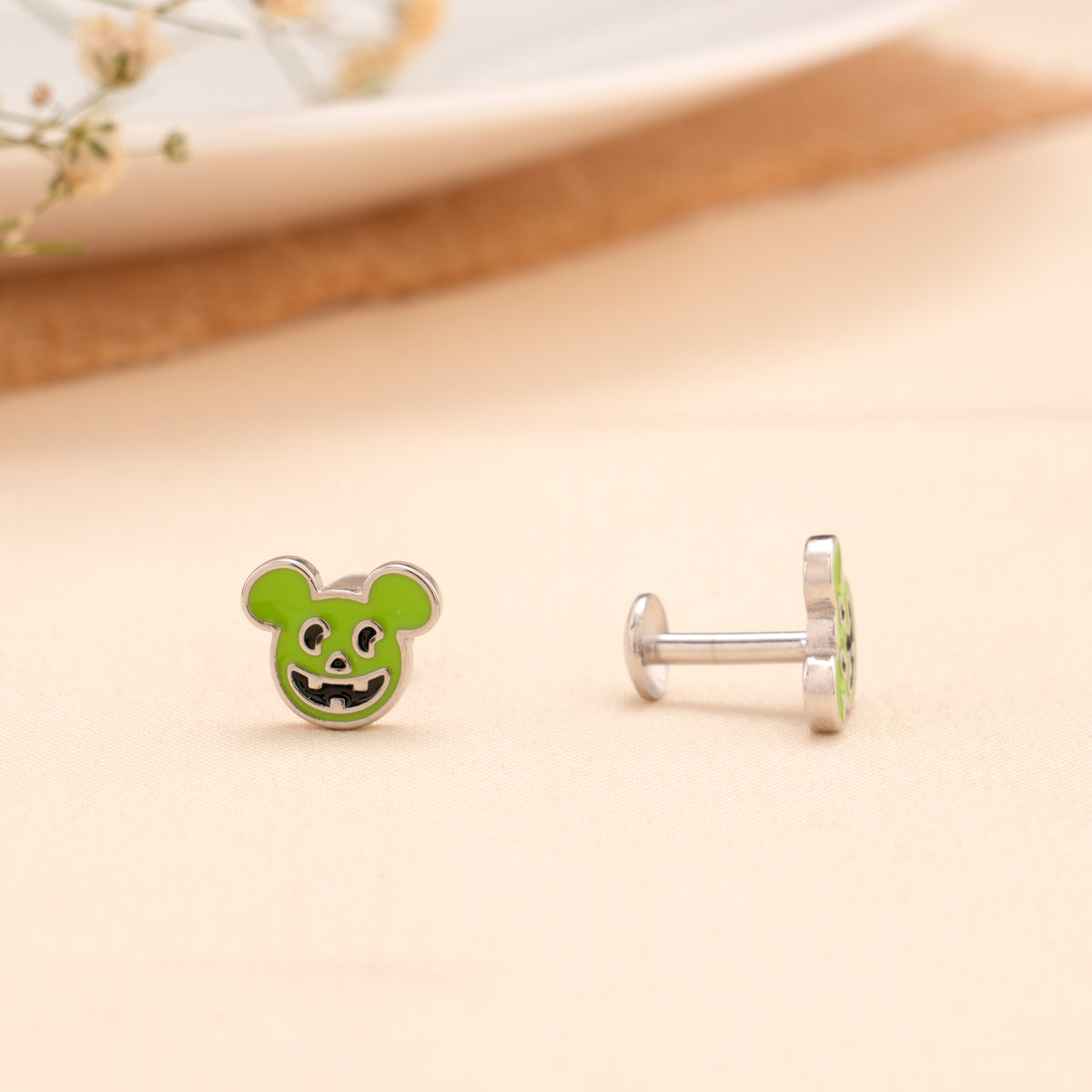 Green Cartoon Mouse Silver Stud