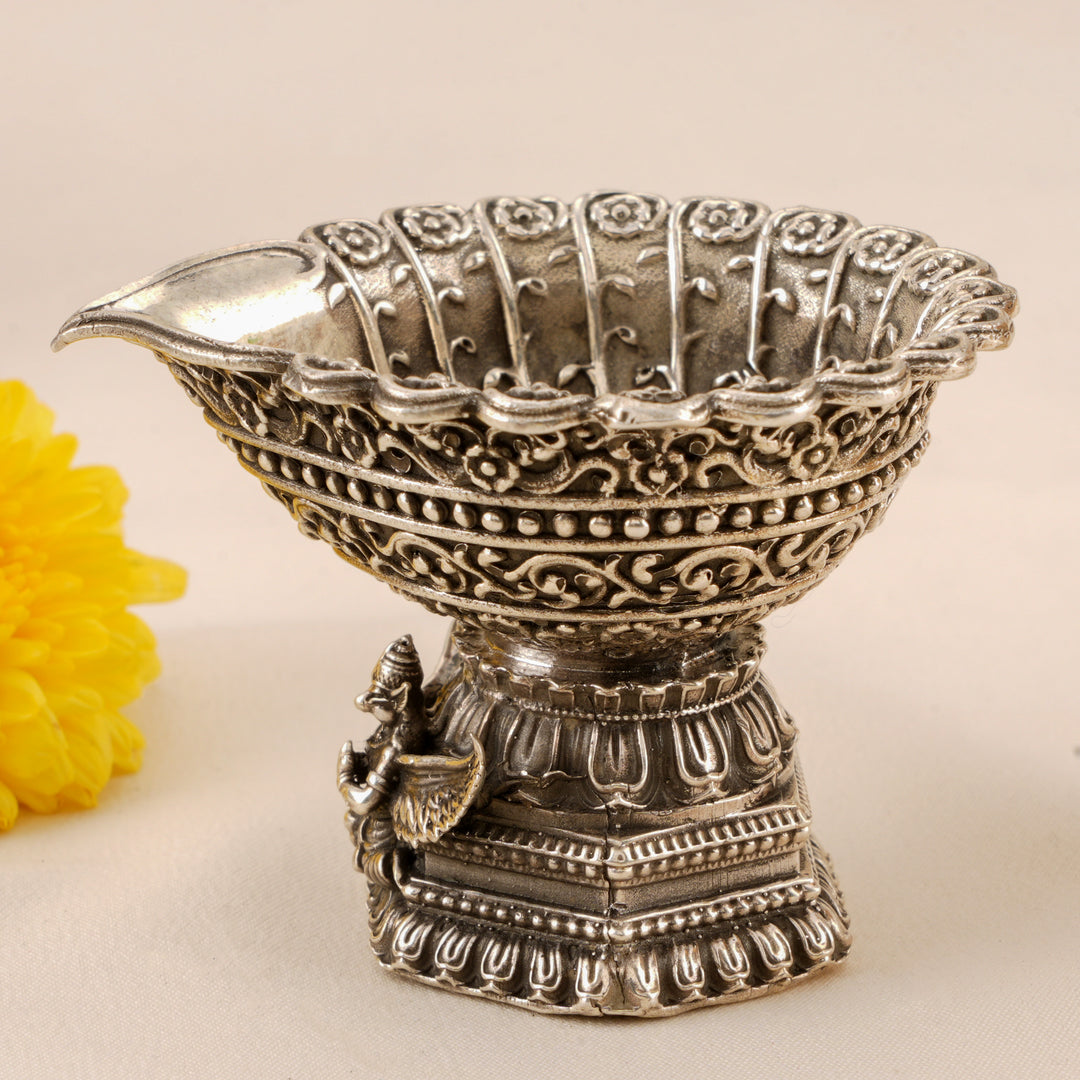 Deepak with Garud Carving Silver Idol