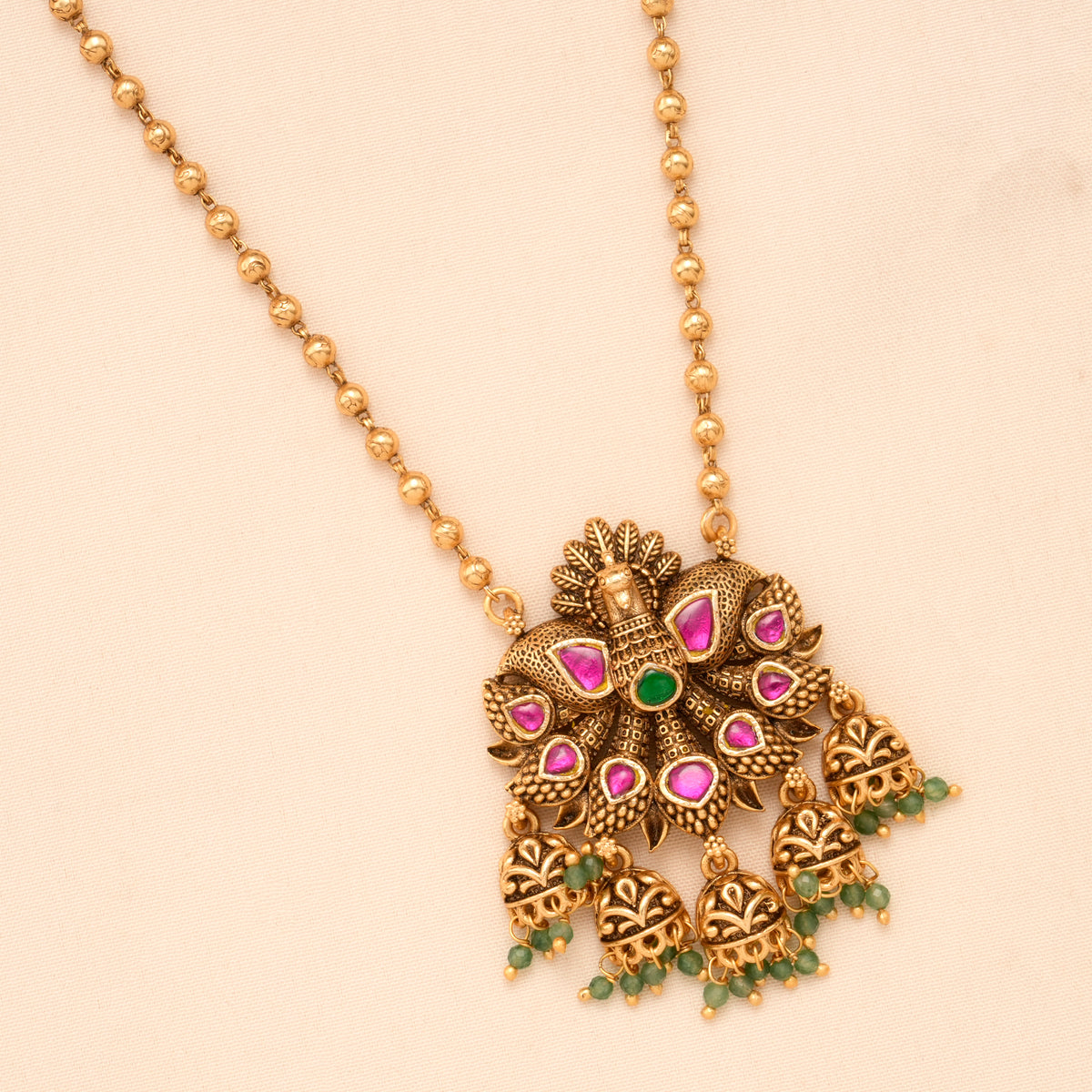 Antique Golden Temple Ruby Peacock Necklace Set