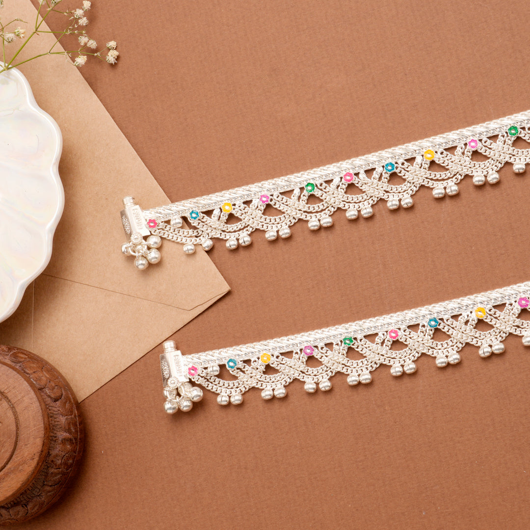 Chain Silver Anklet with Bell Charms
