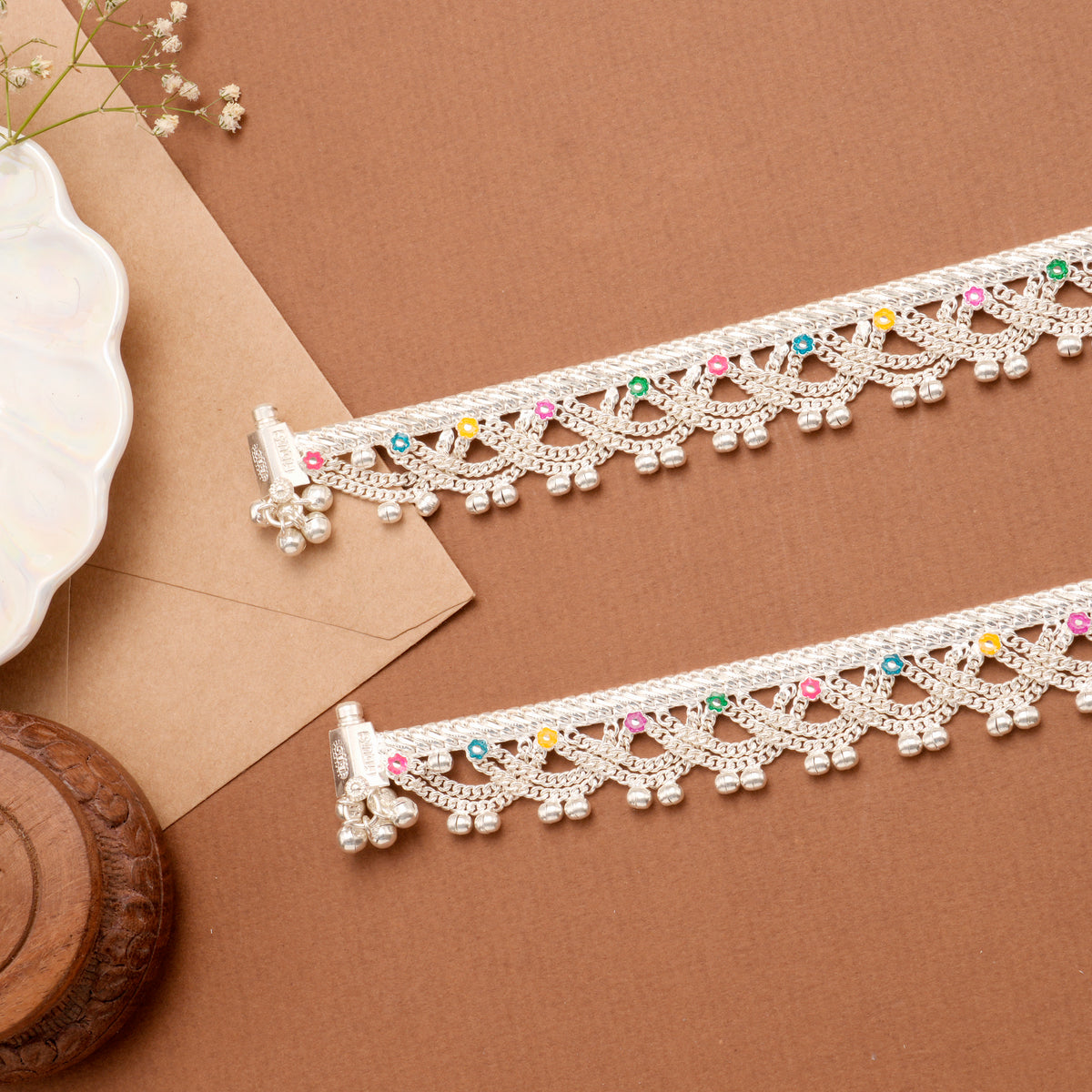 Chain Silver Anklet with Bell Charms